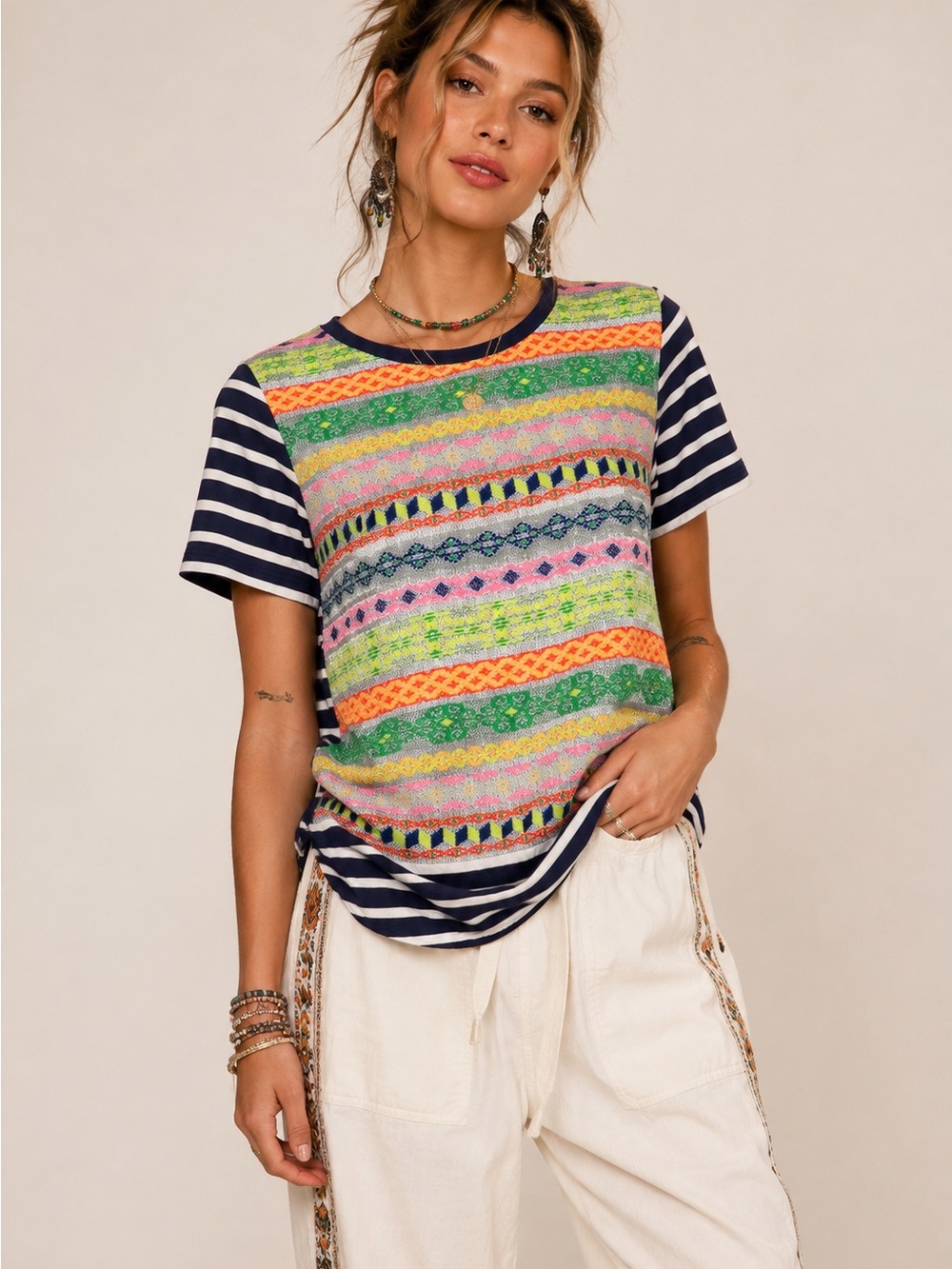 Vilagallo Mixed Print Jacquard Striped Top Multicolor Boho Geometric Tee